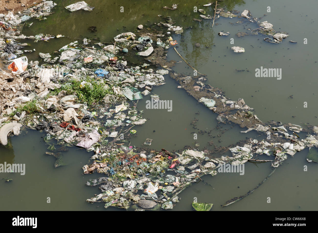 A filthy polluted river in India Stock Photo