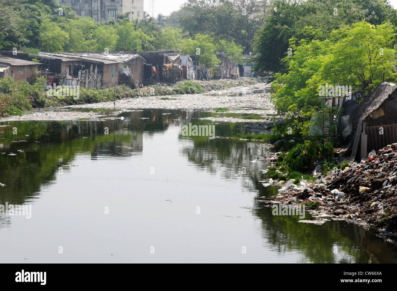 A filthy polluted river in India Stock Photo