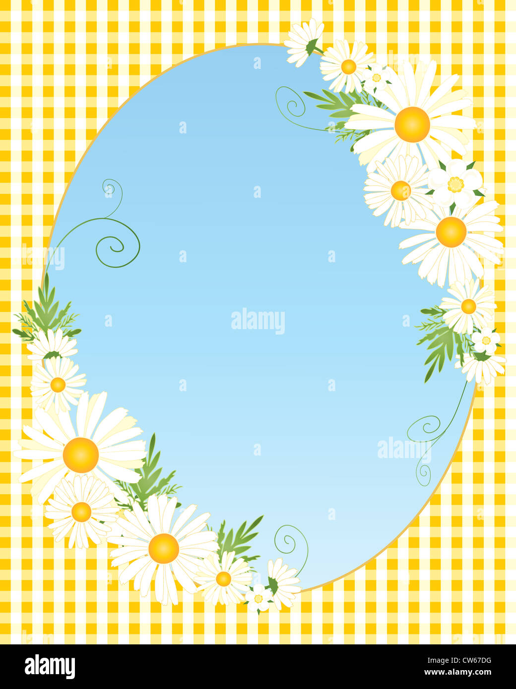 an illustration of a daisy chain with green foliage set upon a yellow