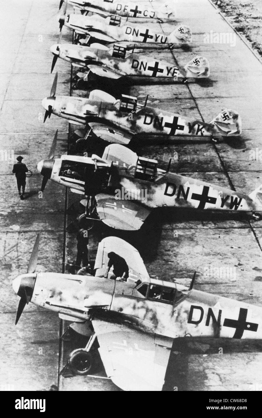 WW2 1940 winter photo of German Messerschmidt parked at grass airfield WW2 1940 winter photo of German Messerschmidt parked at grass airfield