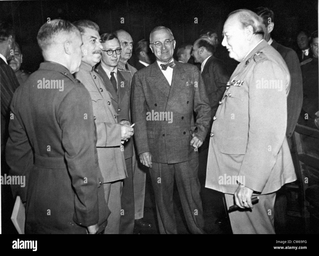 U.S. President H. Truman, Prime Minister W. Churchill of England and Marshal J. Stalin of Russia in Potsdam (July 17,1945) Stock Photo