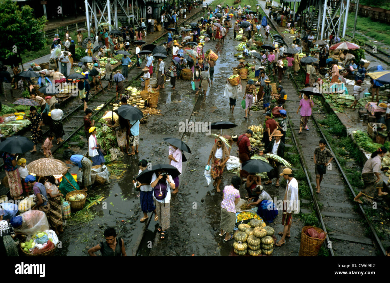 market on railway sidings, Burma, Yangon Stock Photo