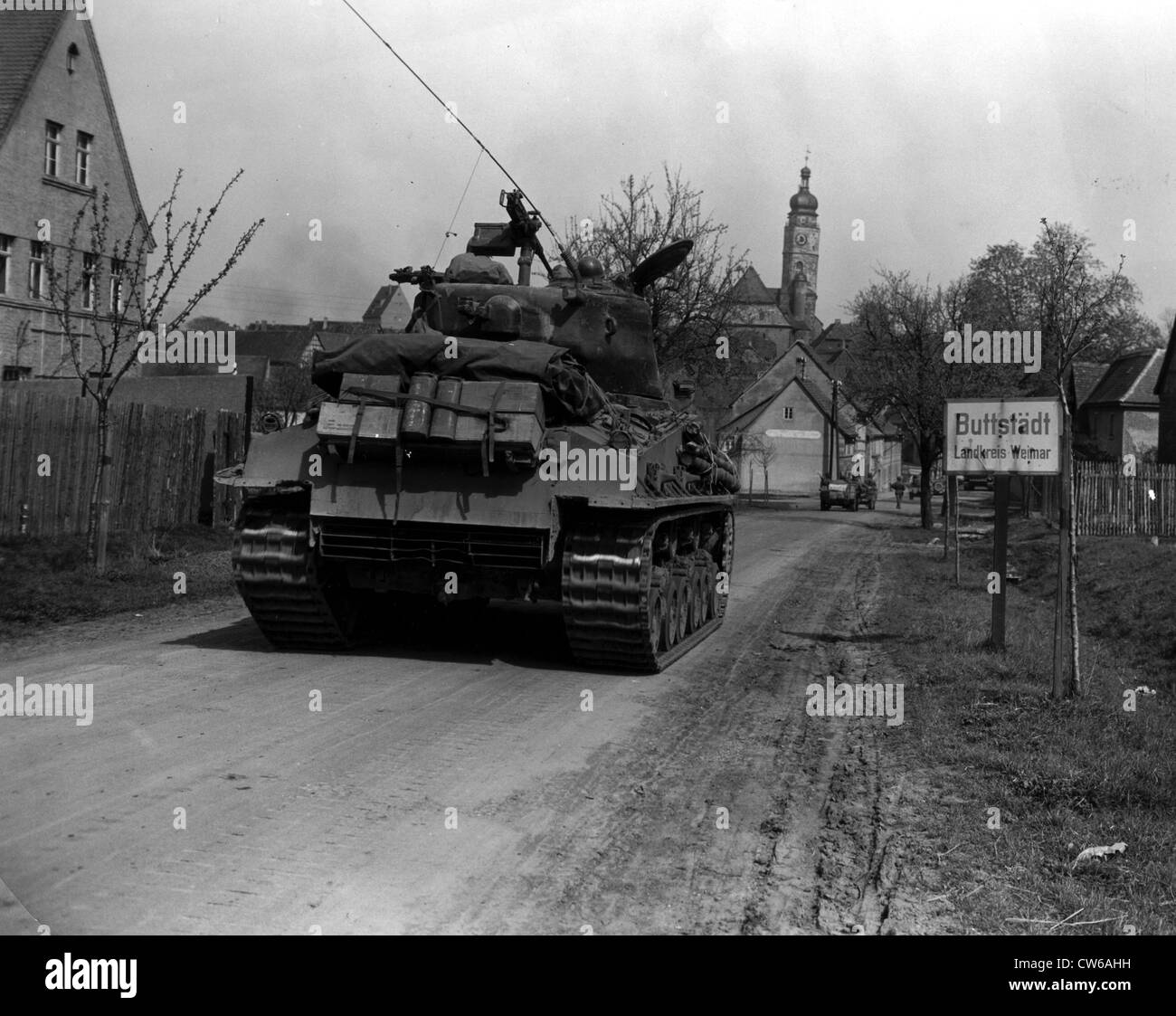 Tanks of the 6th U.S Armored Division entering the town of Buttstadt (Germany) April 11, 1945 Stock Photo