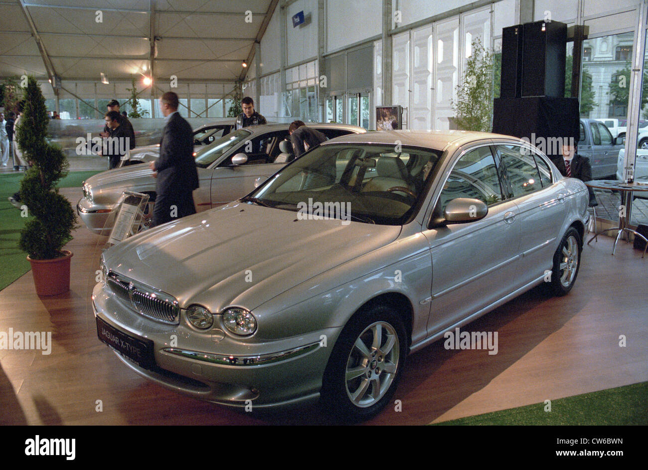Platinum silver Jaguar X-Type in a motor show in Bucharest, Romania Stock Photo