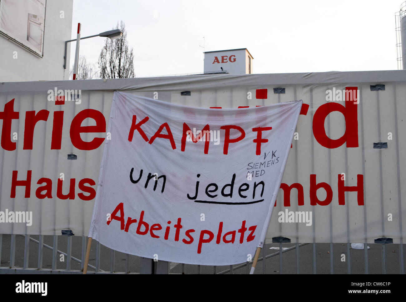 Nuernberg - Blocked by AEG factory gate with banners strike Stock Photo