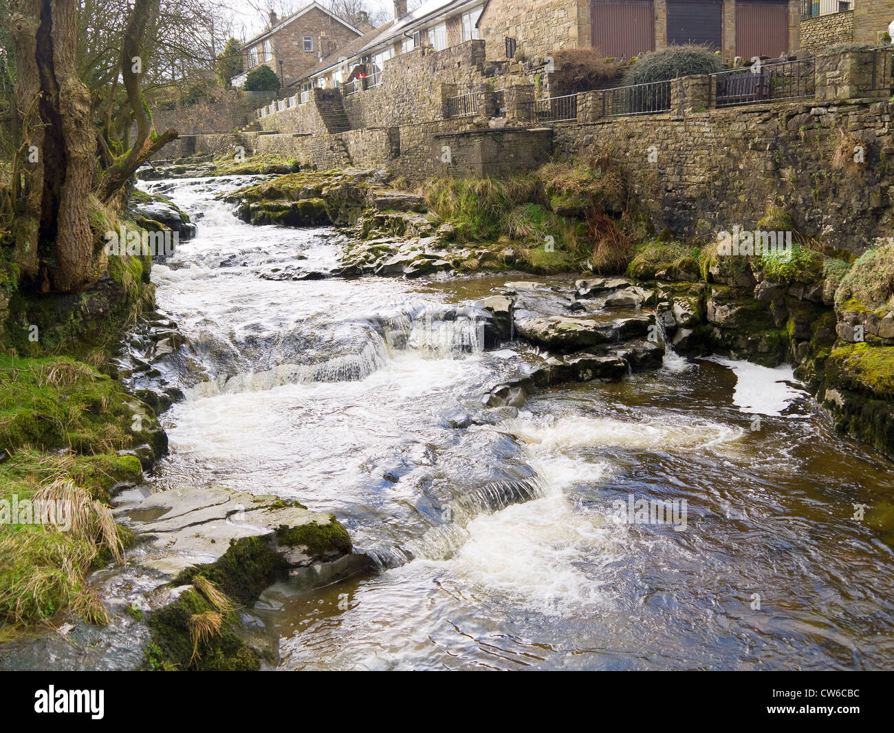 Waterfalls on the River Ure in Hawes, a small market town in North Yorkshire is famous as being the home of Wensleydale cheese. Stock Photo