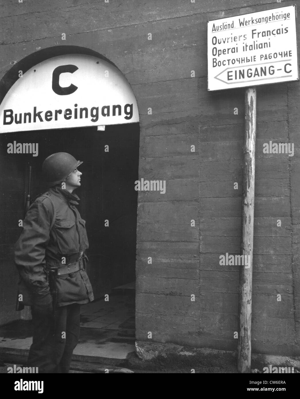 Foreigners languages signs on barracks at the Daimler-Benz auto factory in Mannheim, April 6, 1945 Stock Photo