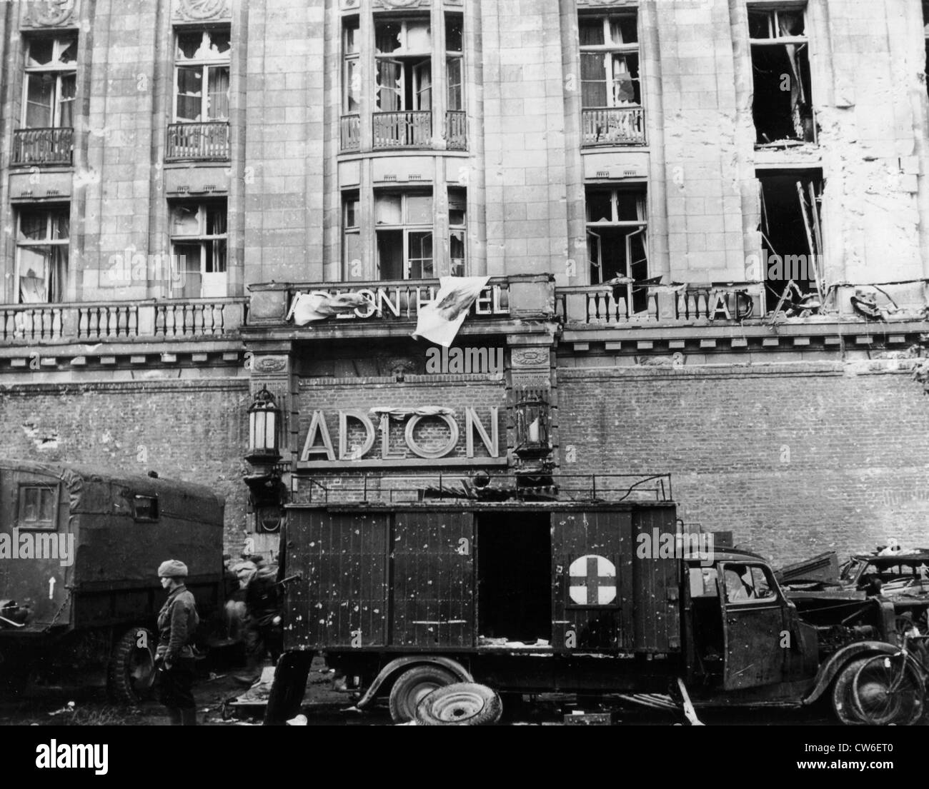 Russian troops at Adlon Hotel in Berlin,  May 4, 1945 Stock Photo