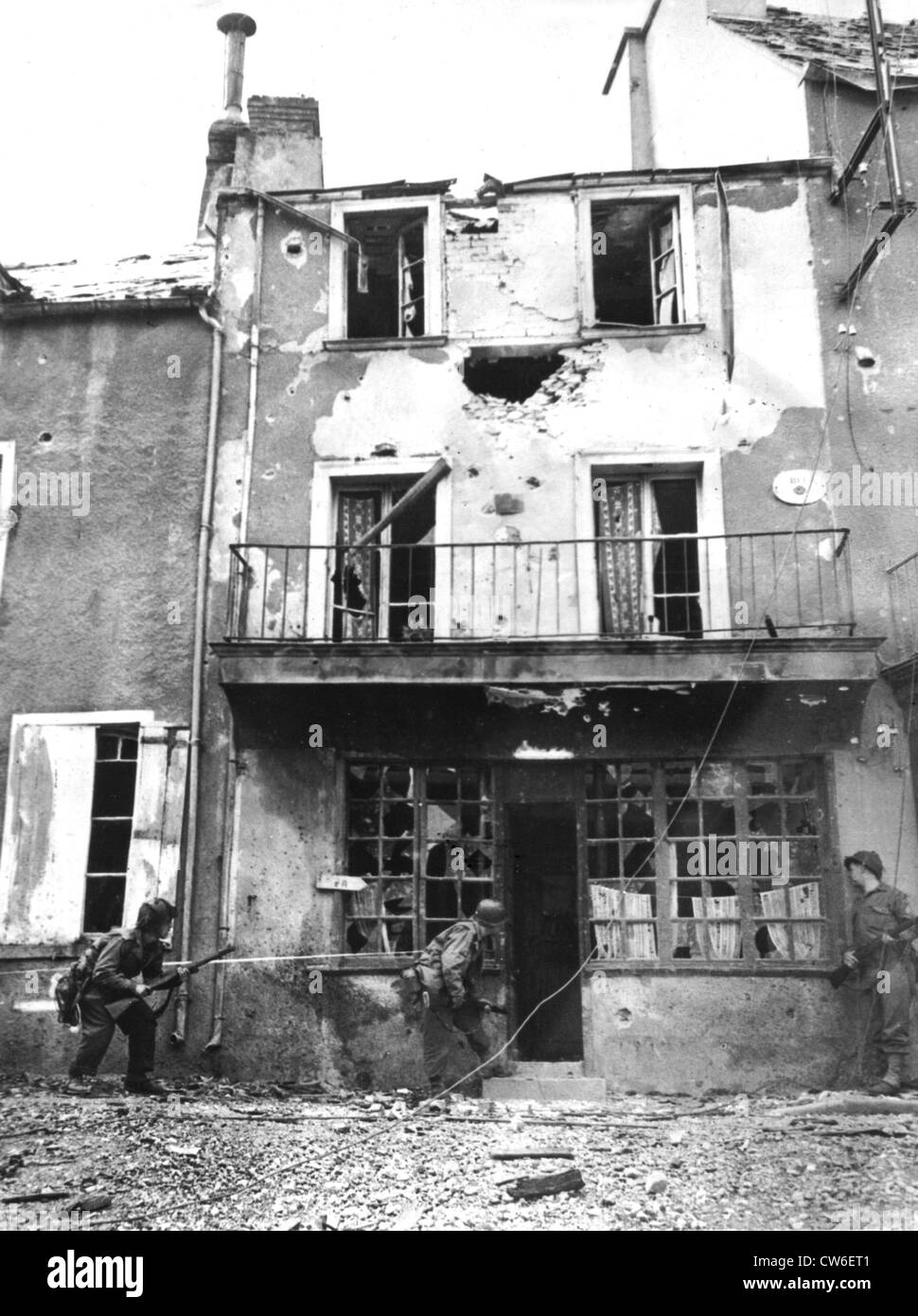 American soldiers mop up in St. Lo in Normandy, July 18, 1944 Stock