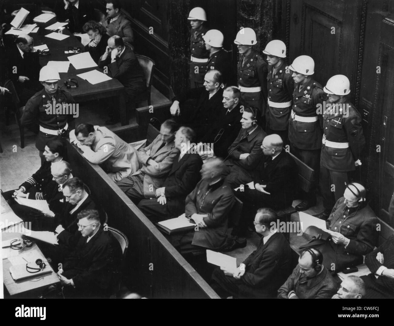 Top-ranking former chiefs of Nazisme hear indictment against them at Nuremberg International Tribunal (November 1945). Stock Photo