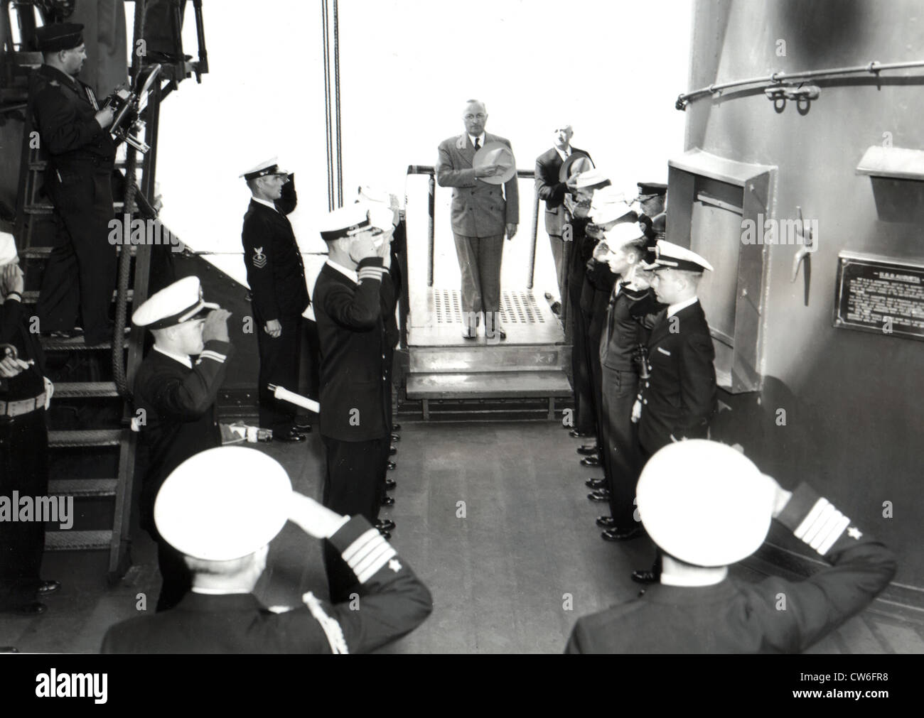 President Truman  arrives aboard the U.S.S. Augusta in Plymouth Harbor,  August 2, 1945 Stock Photo