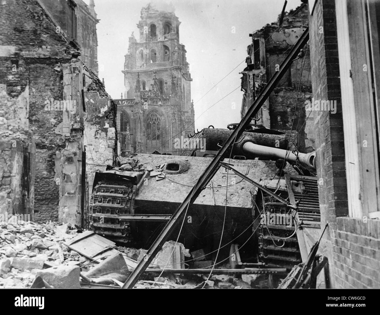 A German 'Tiger' tank destroyed in the ruins of Argentan (Normandy, 1944) Stock Photo