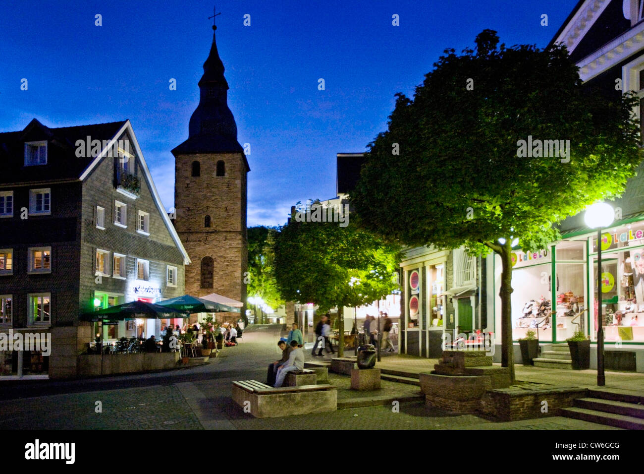 people in the historical old town of Hattingen with its steeple, Germany, North Rhine-Westphalia, Ruhr Area, Hattingen Stock Photo