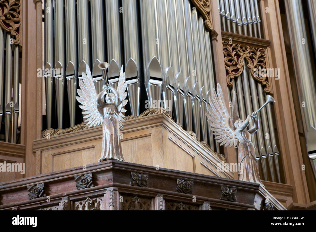 Carved angels on Organ casing, St. Davids Cathedral,  Pembrokeshire National Park, Wales, Cymru, United Kingdom, UK, GB Stock Photo