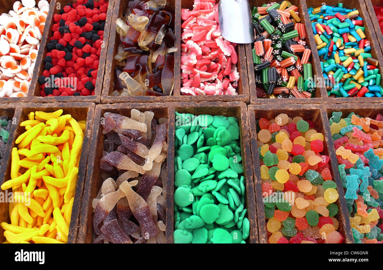 different candy on a weekly market, Spain, Balearen, Majorca, Alcudia