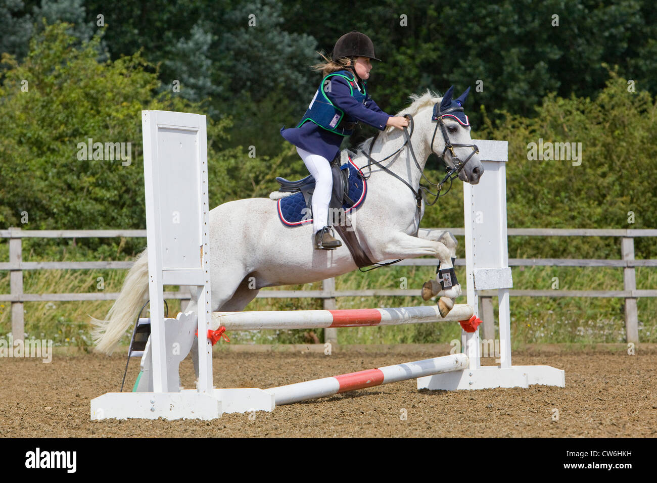 A horse and rider jumping a fence during a show jumping competition ...