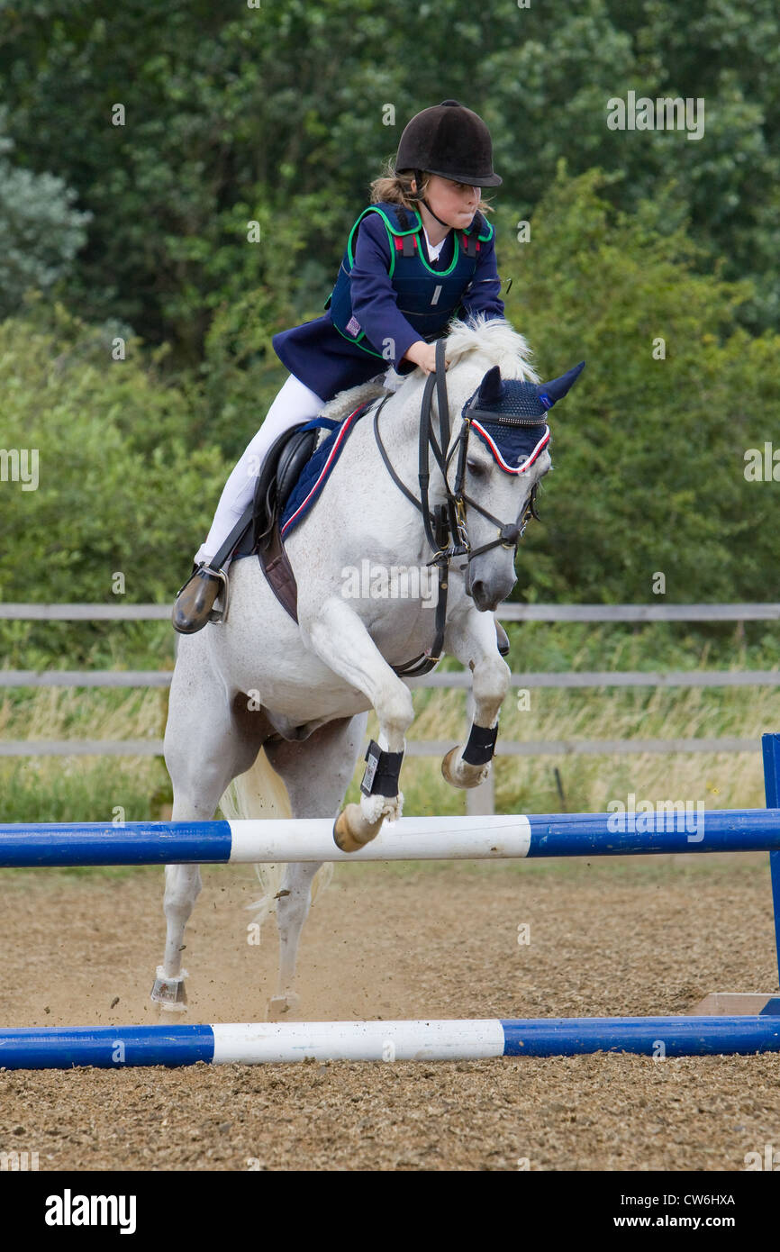 A horse and rider jumping a fence during a show jumping competition ...
