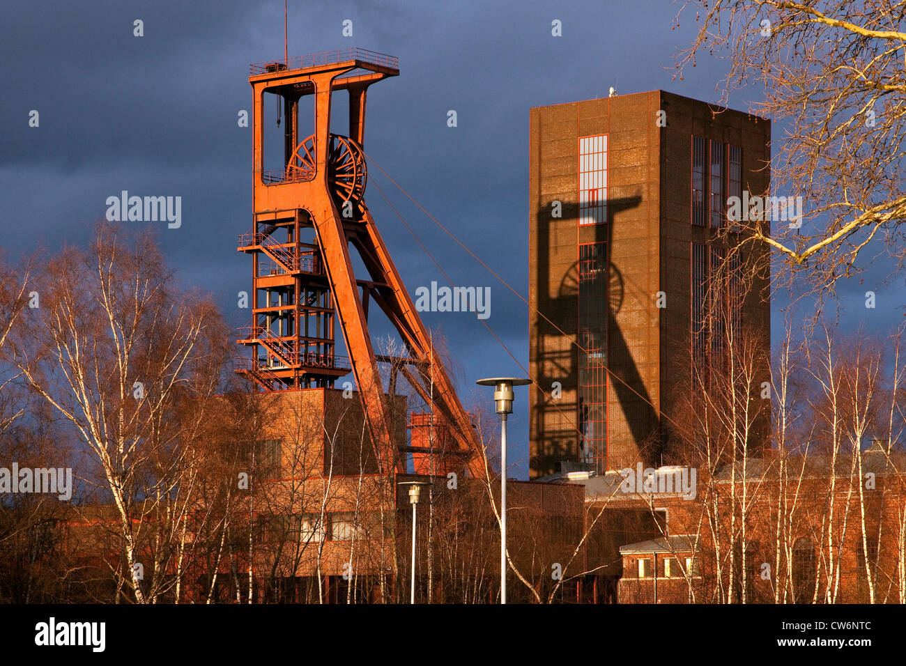 headgear of coal mine Zollverein, Schacht 1/2/8 in evening light , Germany, North Rhine-Westphalia, Ruhr Area, Essen Stock Photo