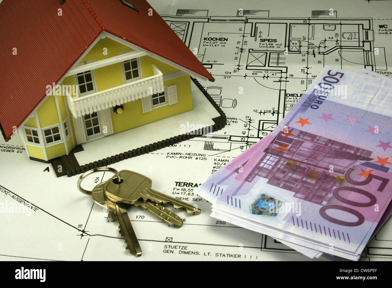 private residential building model, euros and keys Stock Photo