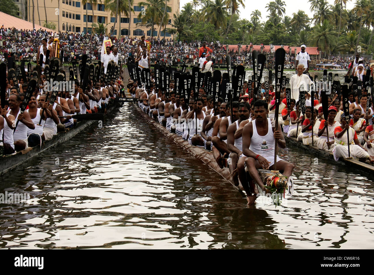 rowers doing mass drill during nehru trophy snake boat race or chundan vallam race in alappuzha formerly known  alleppey,kerala,snake boat race,kerala Stock Photo