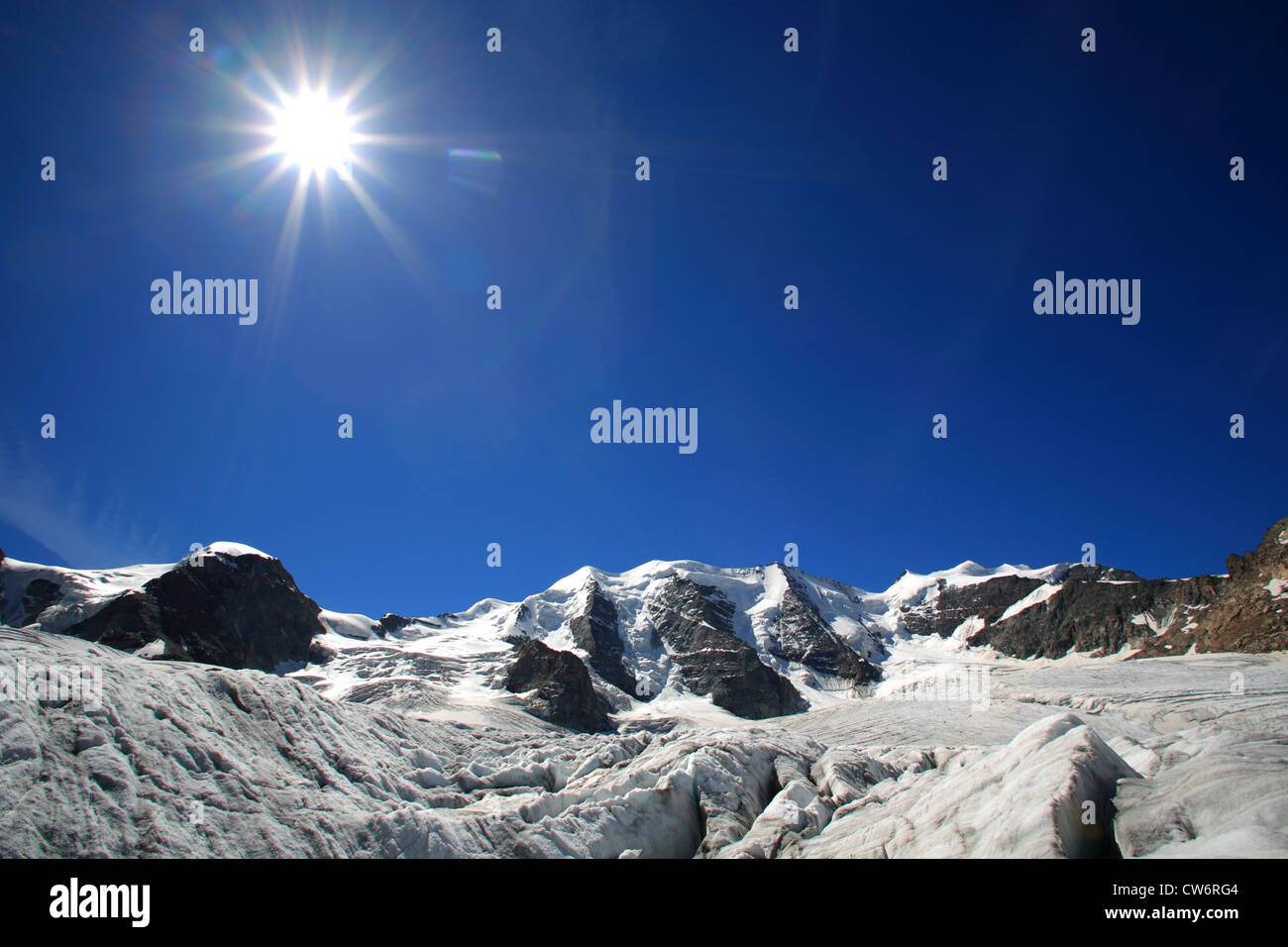 view from the Pers Glacier (Vadret Pers) on Piz Palue, Switzerland, Graubuenden, Engadine, Bernina-Diavolezza Stock Photo