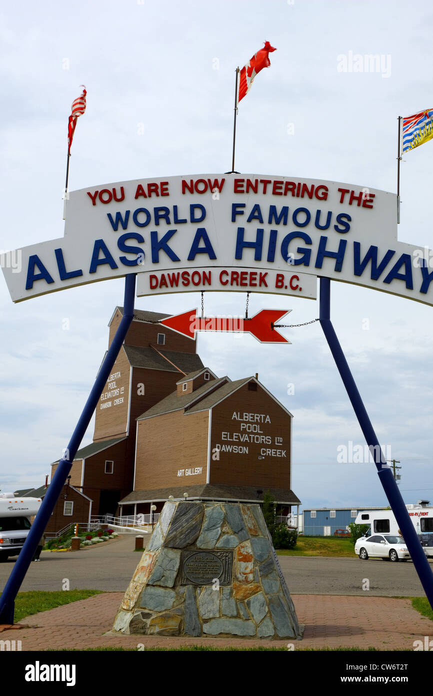 traffic sign, you are now entering the world famous Alaska Highway, Dawson Creek, Canada, Dawson Creek Stock Photo