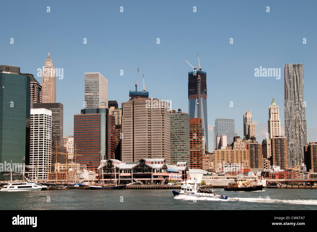Sky line New York City Manhattan  Freedom Tower or Tower One World Trade Center Beekman Tower Pier 17 Stock Photo