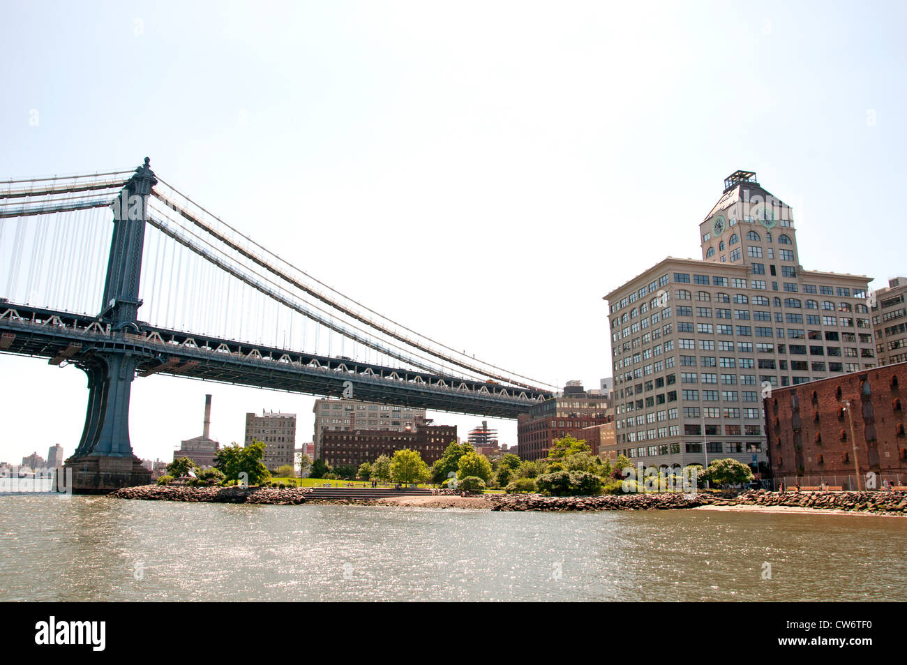 Manhattan Bridge from Brooklyn Park Background Dumbo  New York City Stock Photo