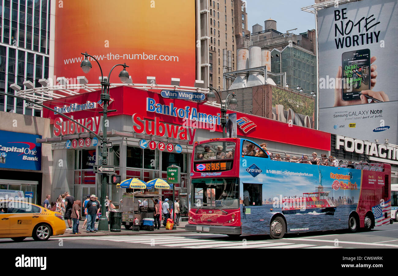 City Sighseening New York Tourist Bus 7 th Avenue  Samsung Galaxy Note Bank of America Subway Stock Photo
