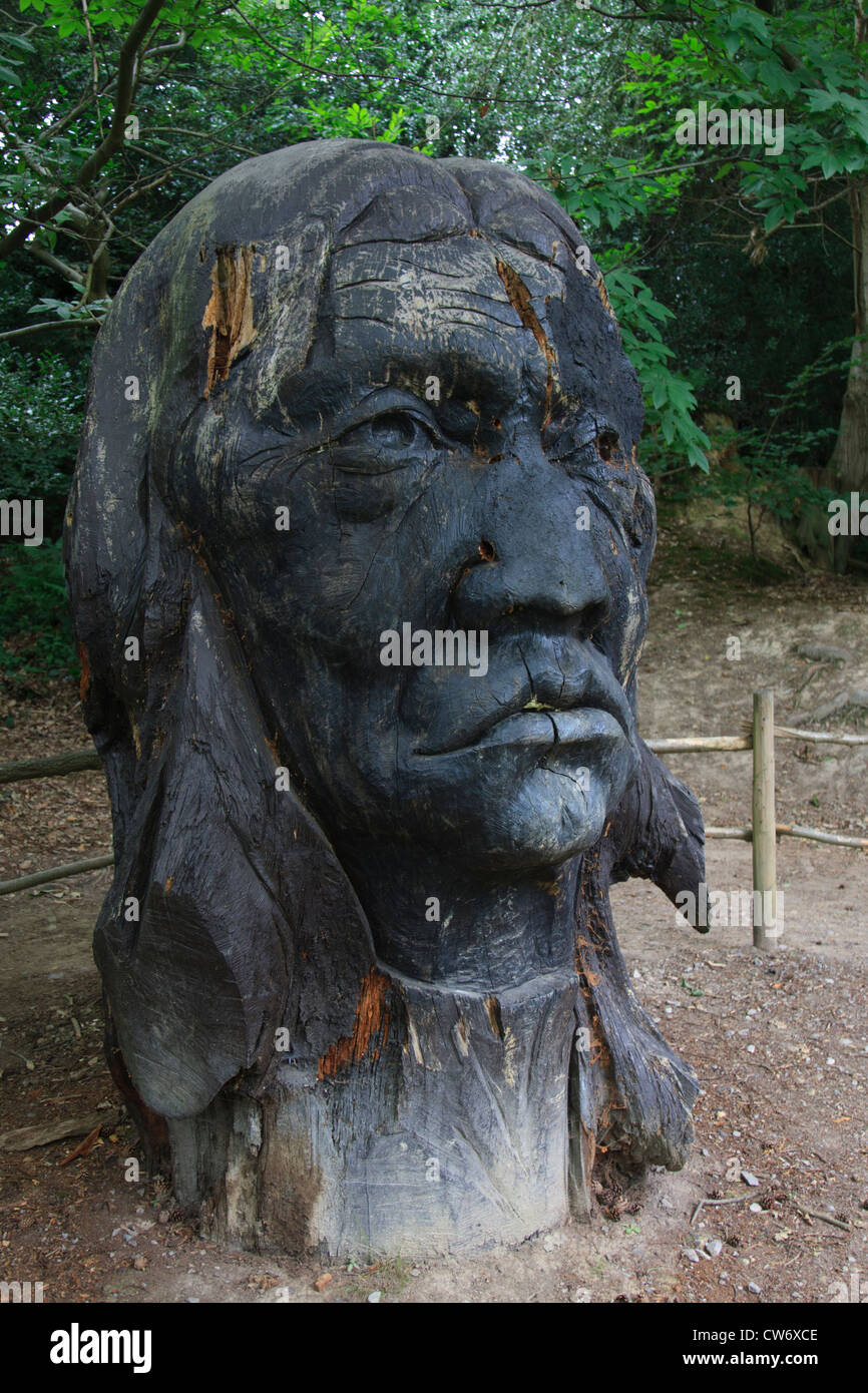 Carved wooden sculpture called 'Dances with wolves in his hair' at Groombridge Place Gardens Kent Stock Photo