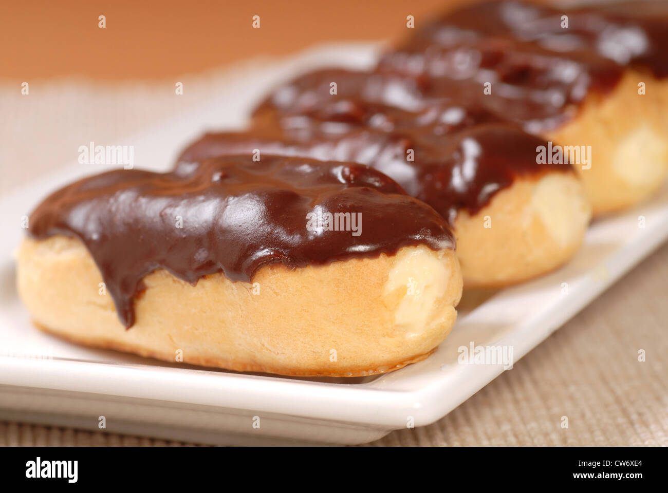 Delicious homemade eclairs with a chocolate ganache Stock Photo