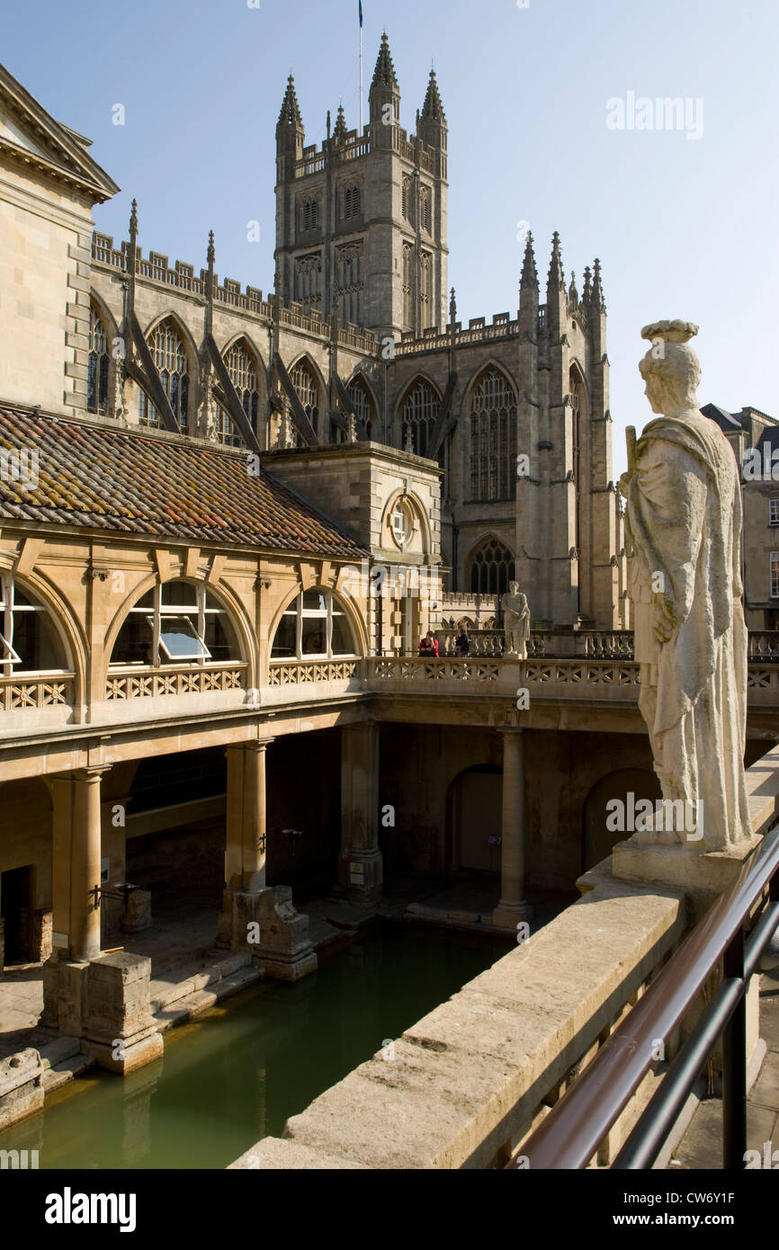 Bath: The Roman Baths [1st-5th century AD] - Victorian statuary with Abbey in background Stock Photo