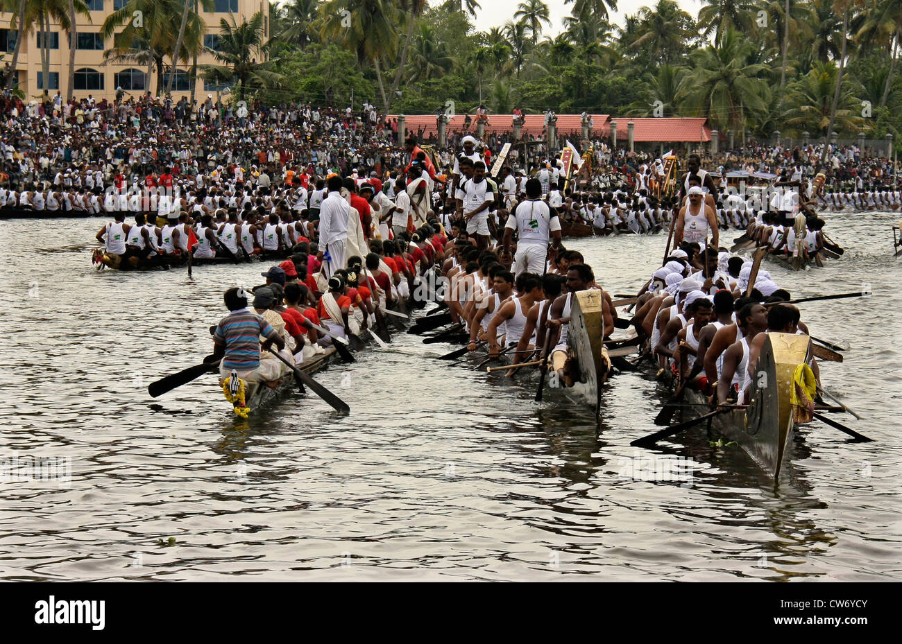 rowers doing mass drill from nehrutrophy snake boat race or chundan vallam in alappuzha  formerly known as alleppey,kerala,india Stock Photo