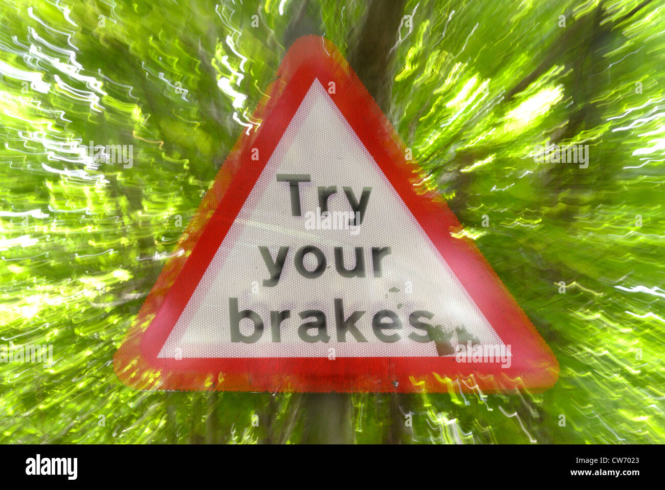 try your brakes warning sign after ford running across road Bardsey Yorkshire UK Stock Photo