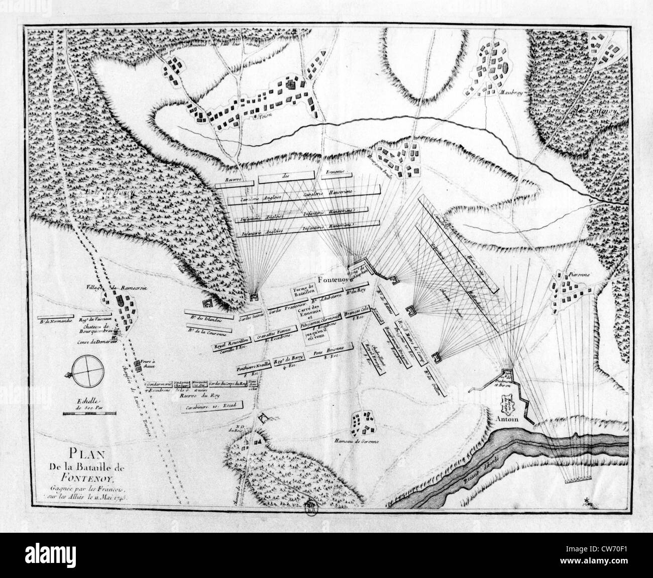 May 1745.  Map of the battle of Fontenoy. Stock Photo