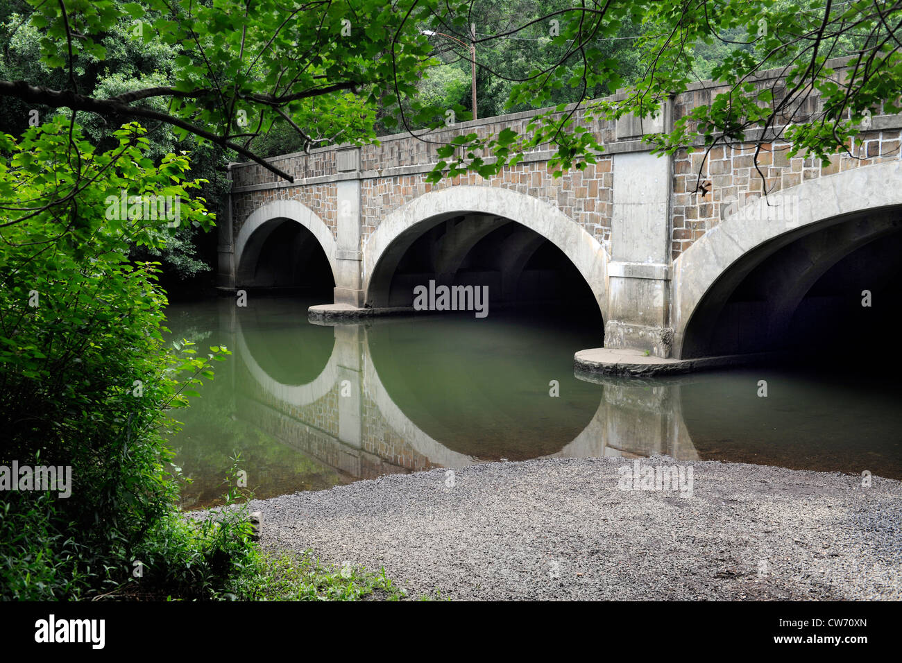 Stone arches on bridge in East Rock, New Haven, CT. Stock Photo