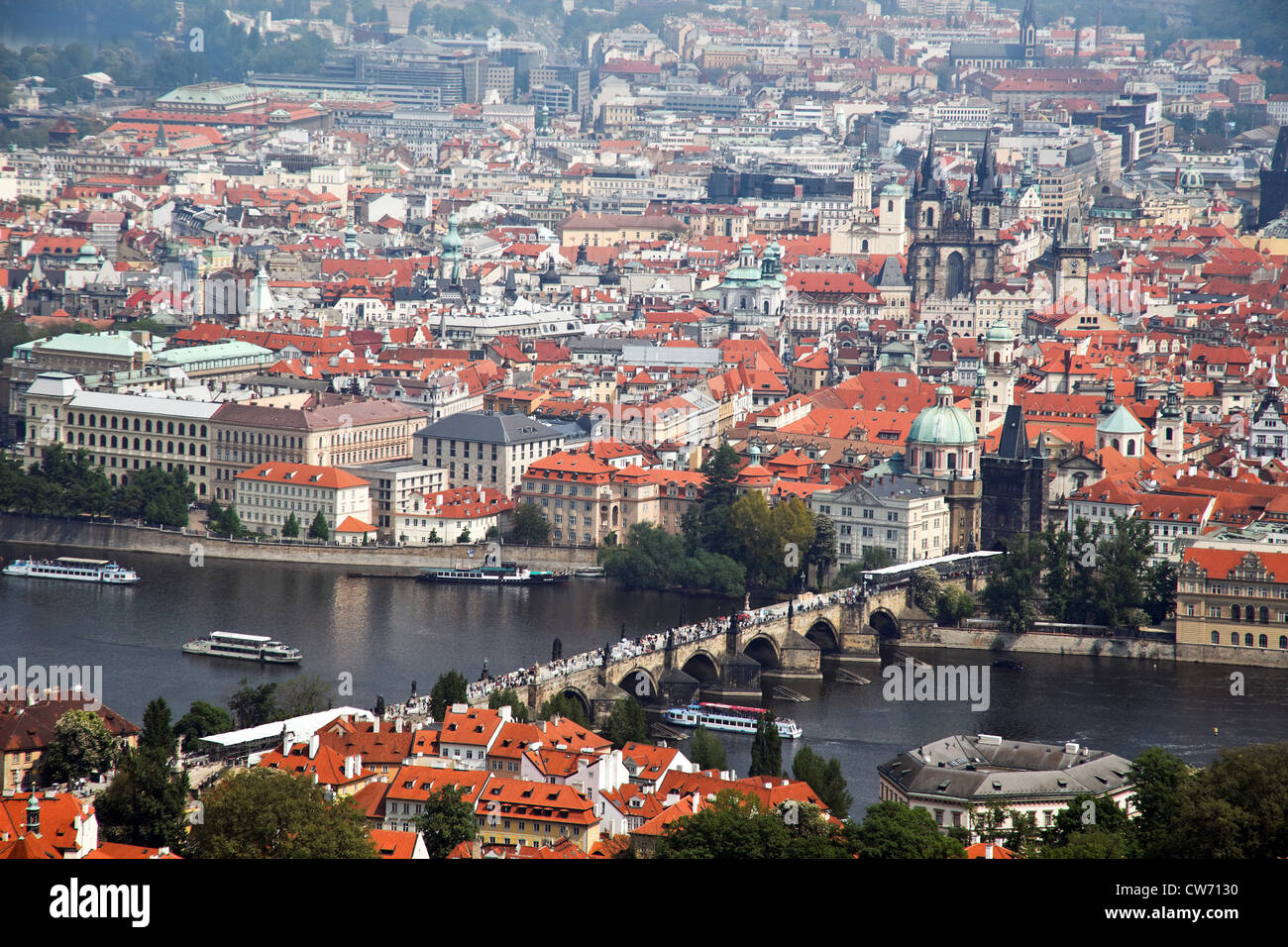 The view from the observatory tower of Prague with Charles Bridge and Teyn chruch, Czech Republic, Prague Stock Photo