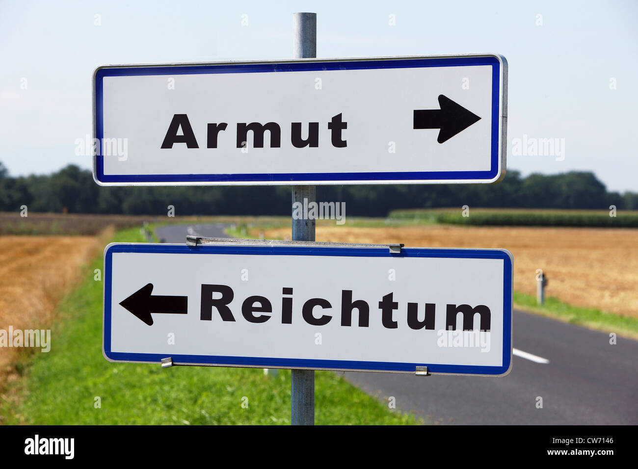 road sign Armut - Reichtum, poverty - richness Stock Photo
