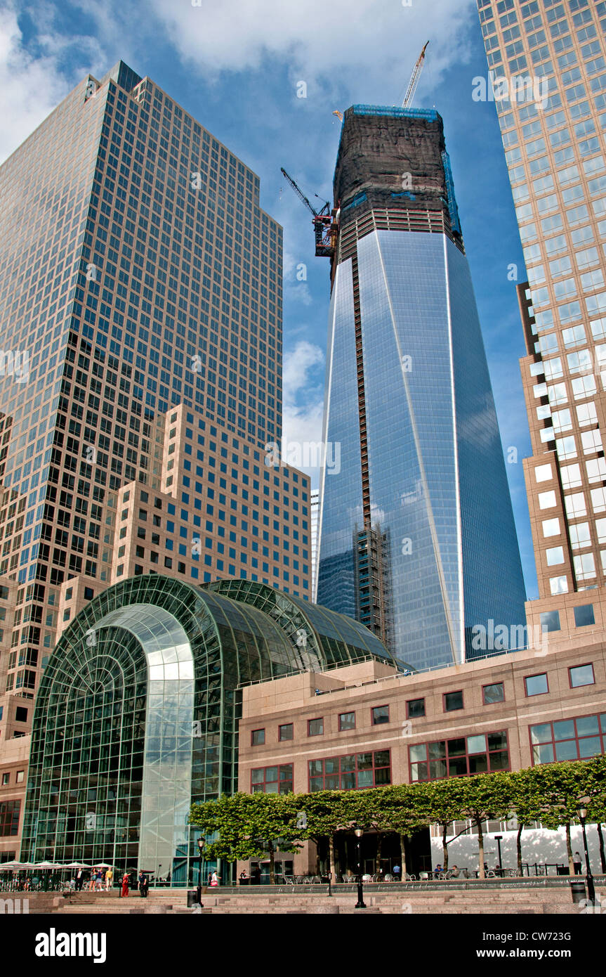 Financial Center background Freedom Tower or Tower One World Trade Center  New York City Manhattan Stock Photo