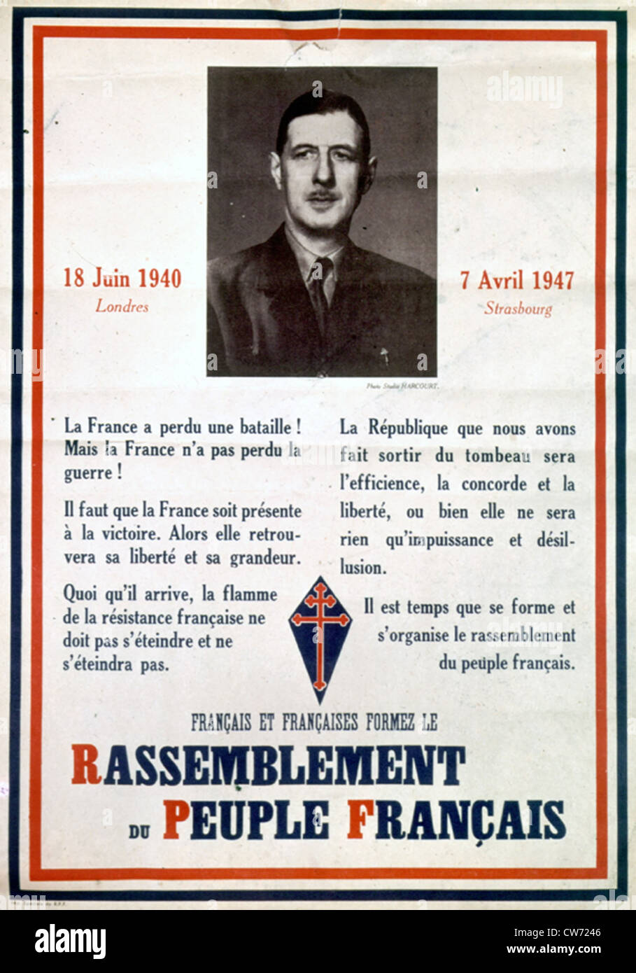 April 7, 1947. Strasbourg speech. RPF (Rassemblement du Peuple Français). Stock Photo