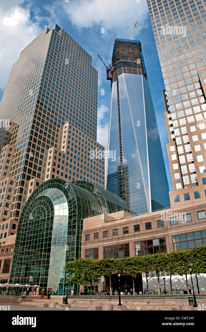 Financial Center background Freedom Tower or Tower One World Trade Center  New York City Manhattan Stock Photo