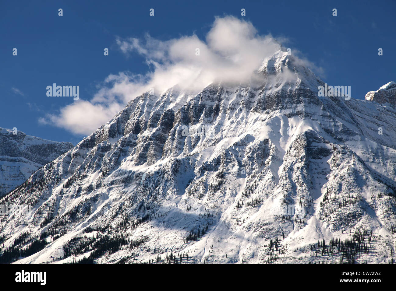 A snow capped mountain in winter, part of the Rocky Mountain range, in Jasper National Park, Alberta, Canada. Stock Photo