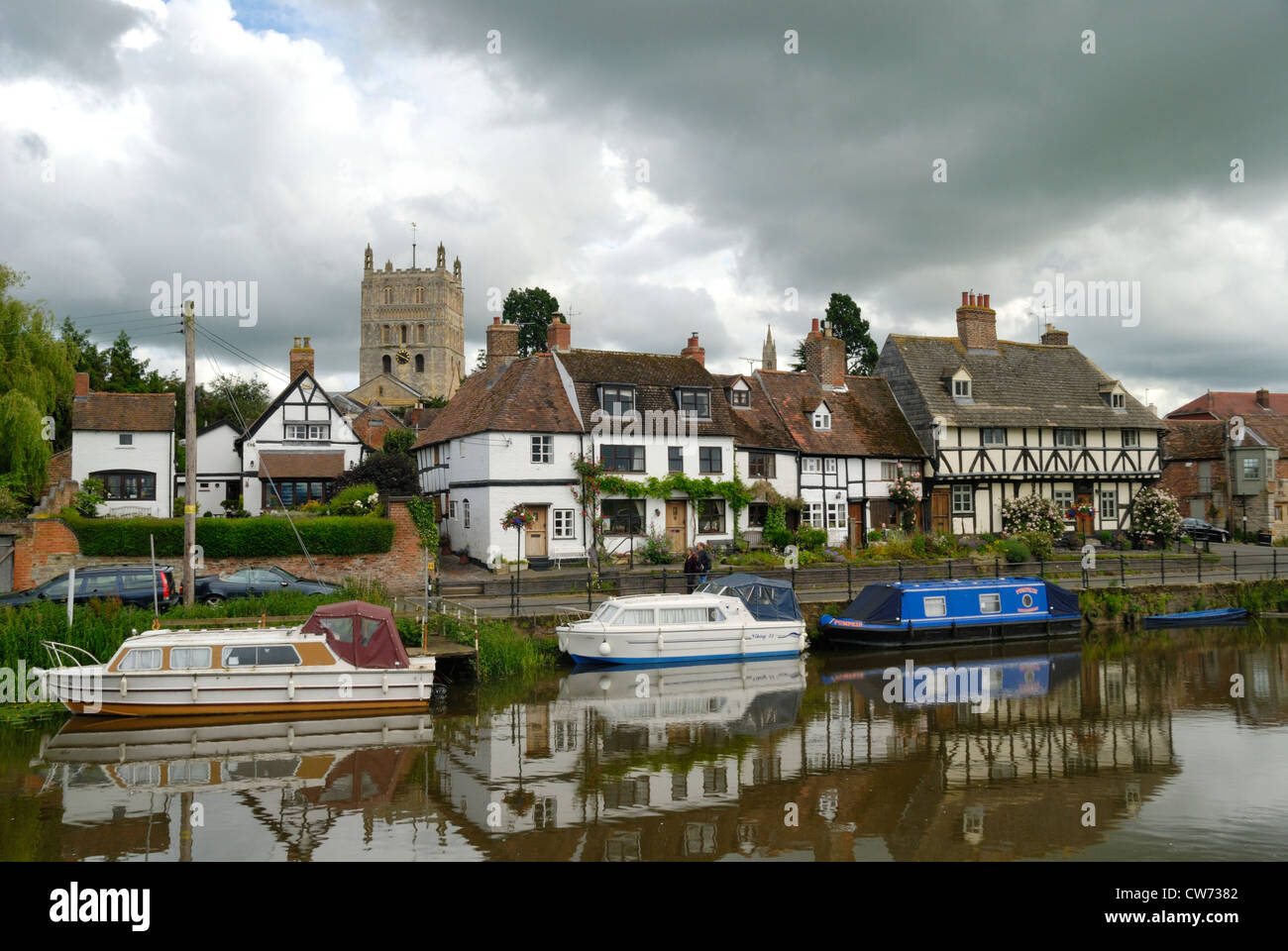 View of Tewkesbury and the Abbey by the Mill Avon, Gloucestershire Stock Photo