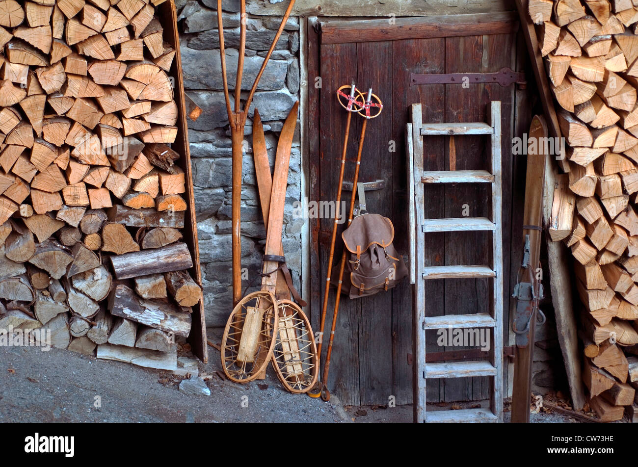 mountain decoration with old equipment, France, Alps Stock Photo