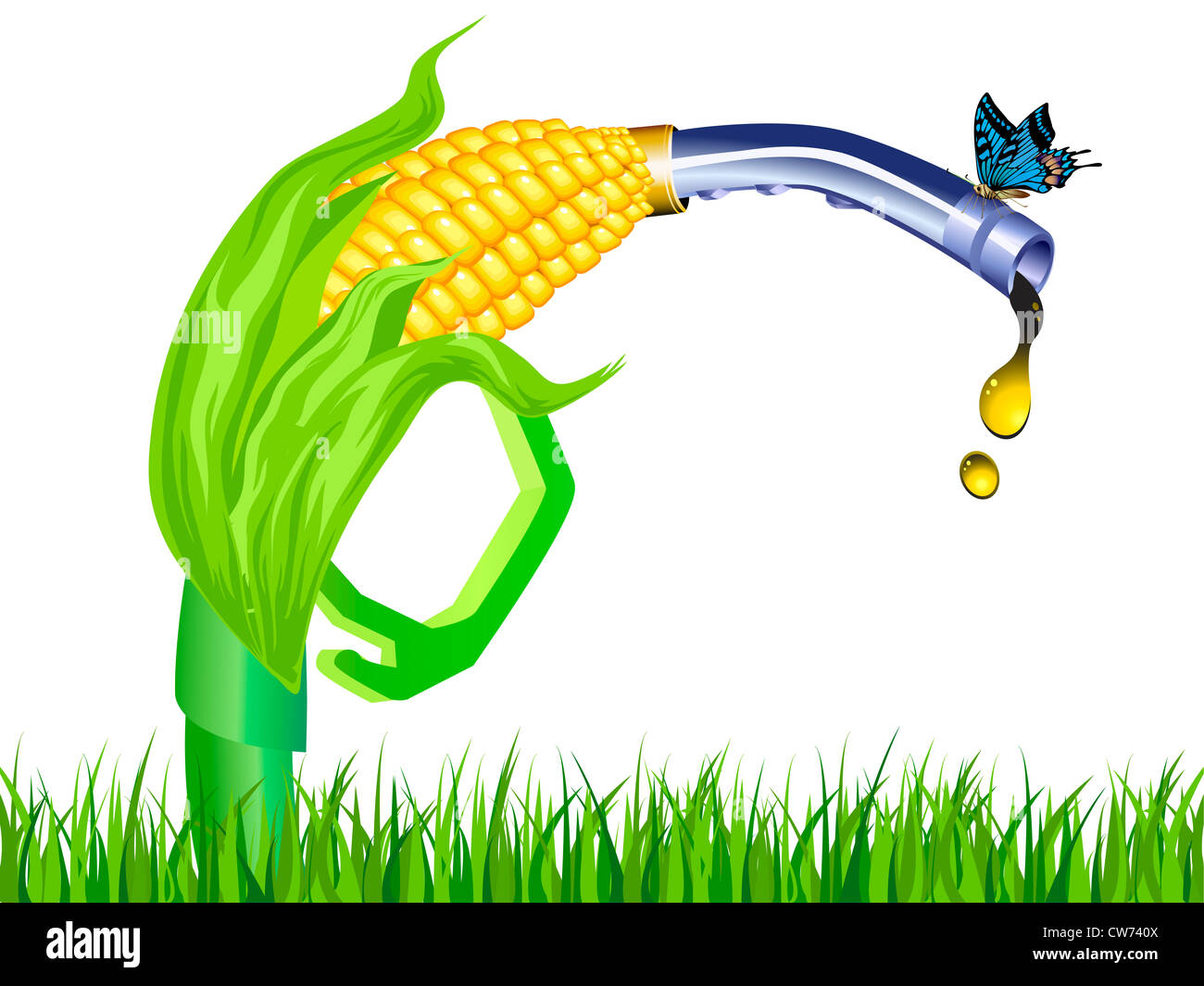 corn stalk ethanol gas pump with butterfly on white background Stock
