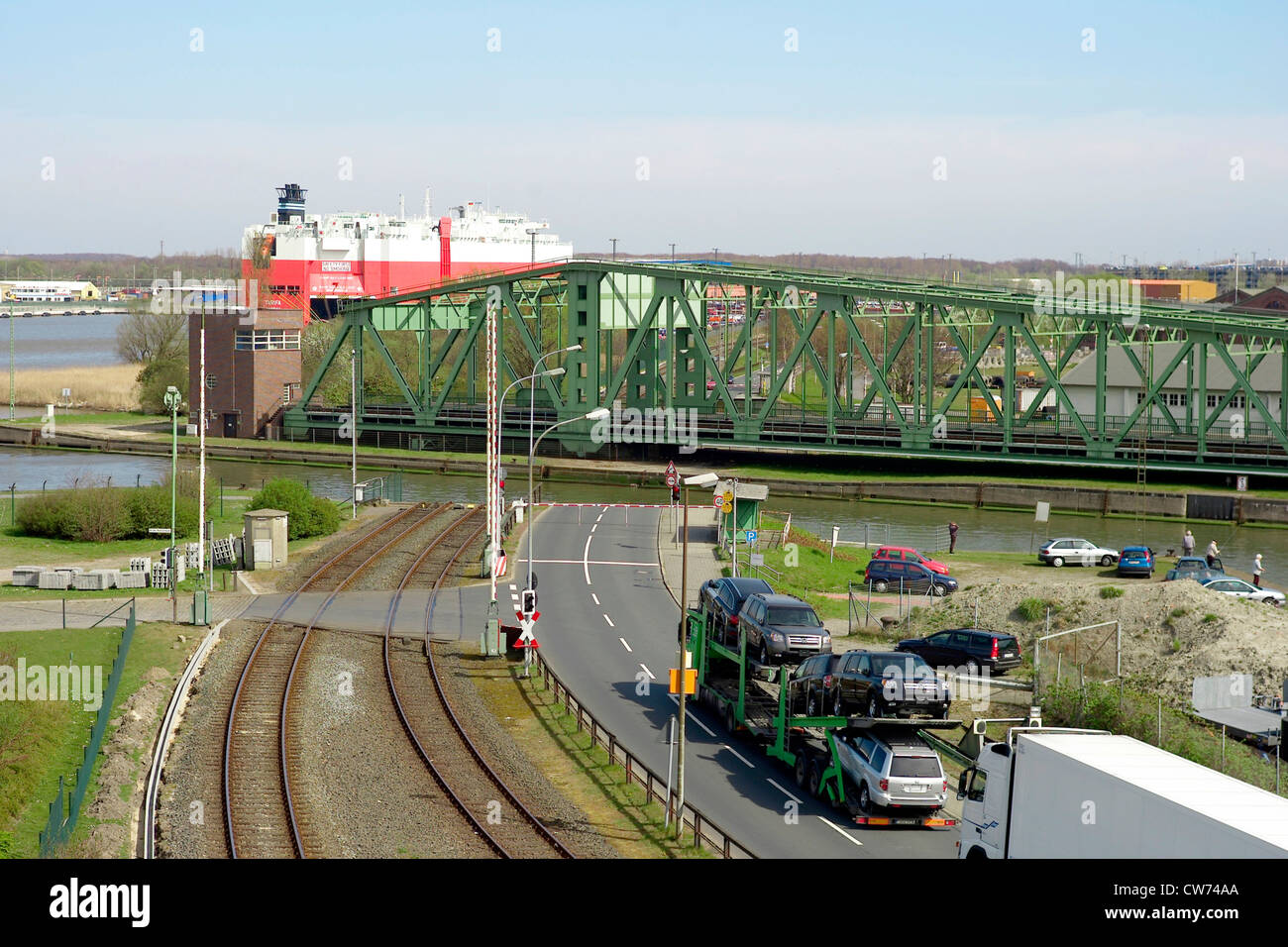 car transporter in front of a swing-bridge, Germany, Bremerhaven Stock Photo