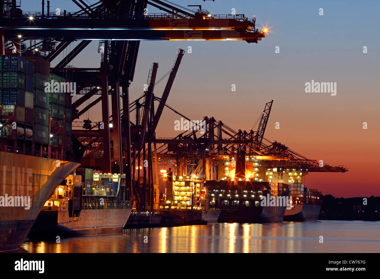 Port of Hamburg in evening glow, Germany, Hamburg Stock Photo