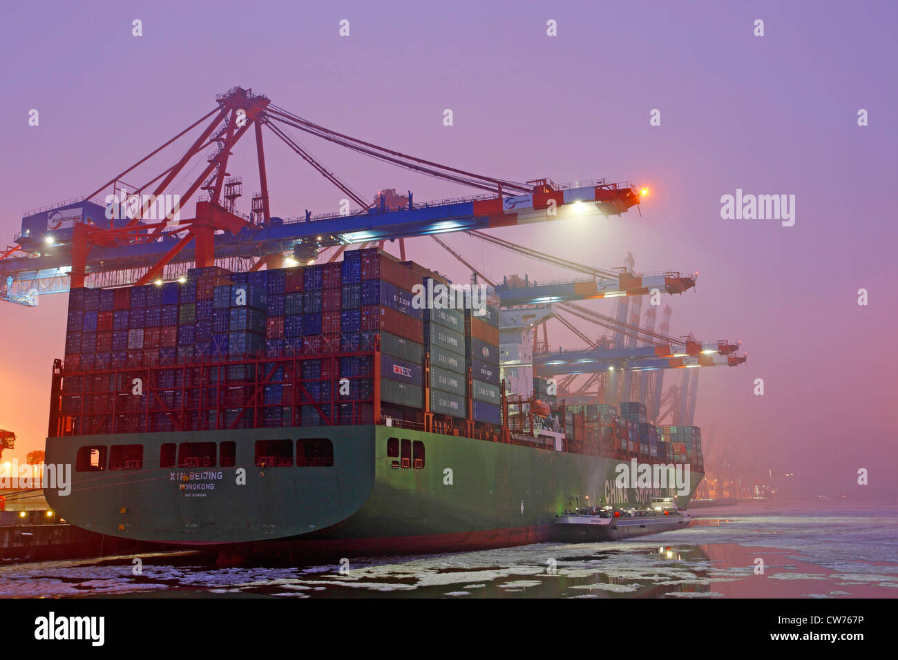 container ship in Port of Hamburg, Germany, Hamburg Stock Photo