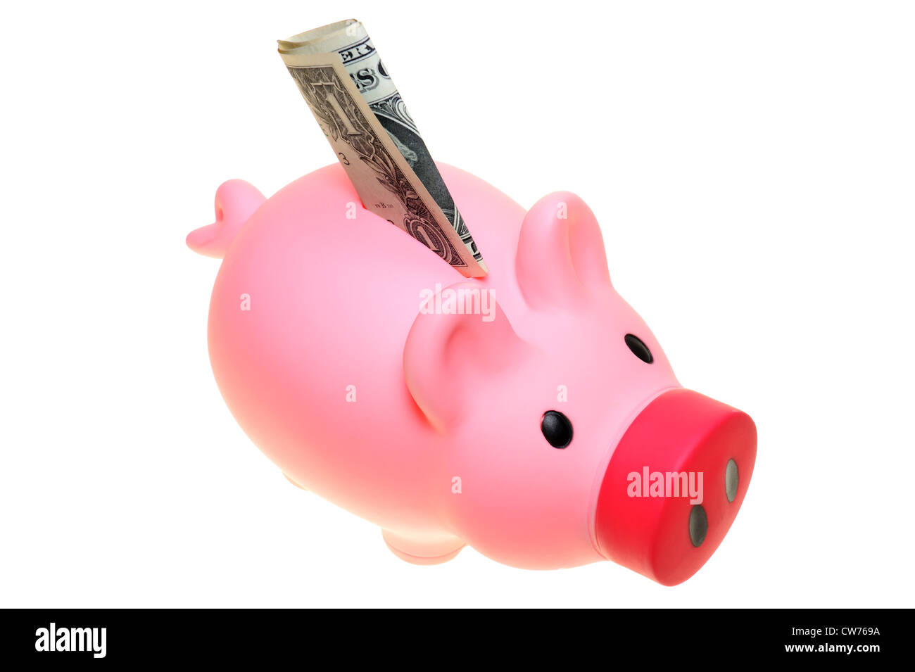 Piggy bank with dollar bill inserted photo isolated on white background