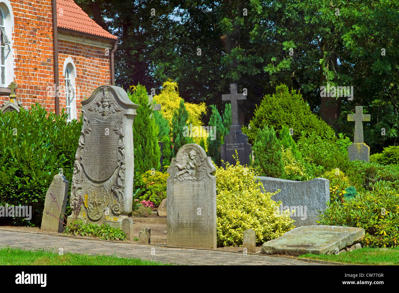 old gravestones at cemetery, Germany, Lower Saxony, Osterholz Stock Photo